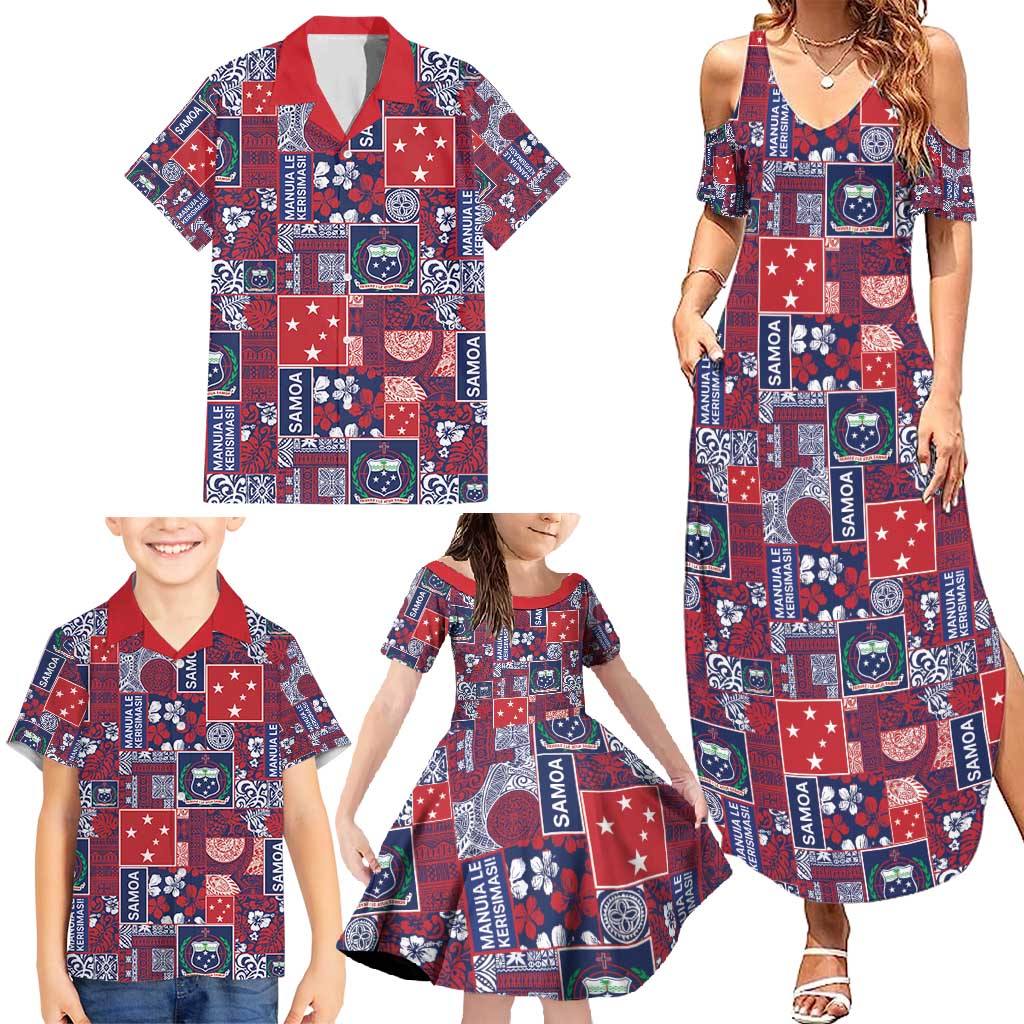 Red Samoa Manuia Le Kerisimasi Family Matching Summer Maxi Dress and Hawaiian Shirt Pacific Patchwork Xmas Vibes - Polynesian Pride