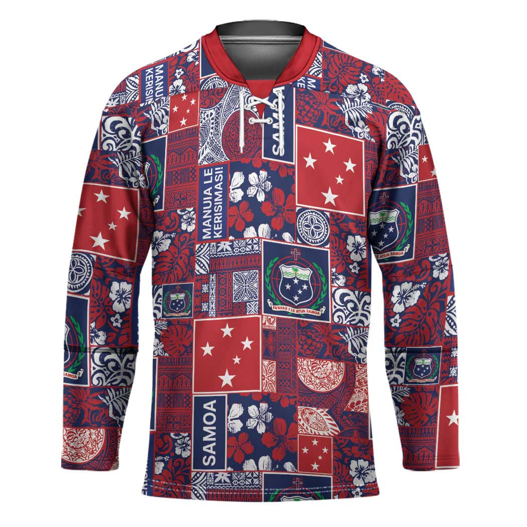 Red Samoa Manuia Le Kerisimasi Hockey Jersey Pacific Patchwork Xmas Vibes - Polynesian Pride