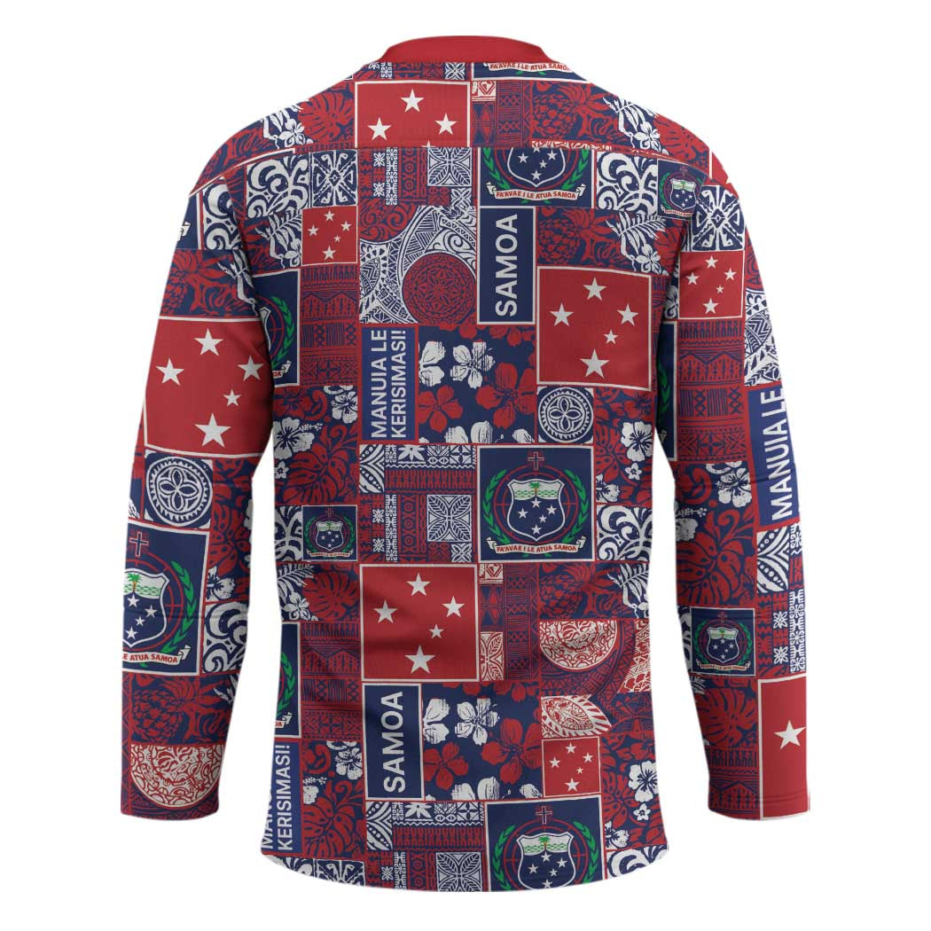 Red Samoa Manuia Le Kerisimasi Hockey Jersey Pacific Patchwork Xmas Vibes - Polynesian Pride