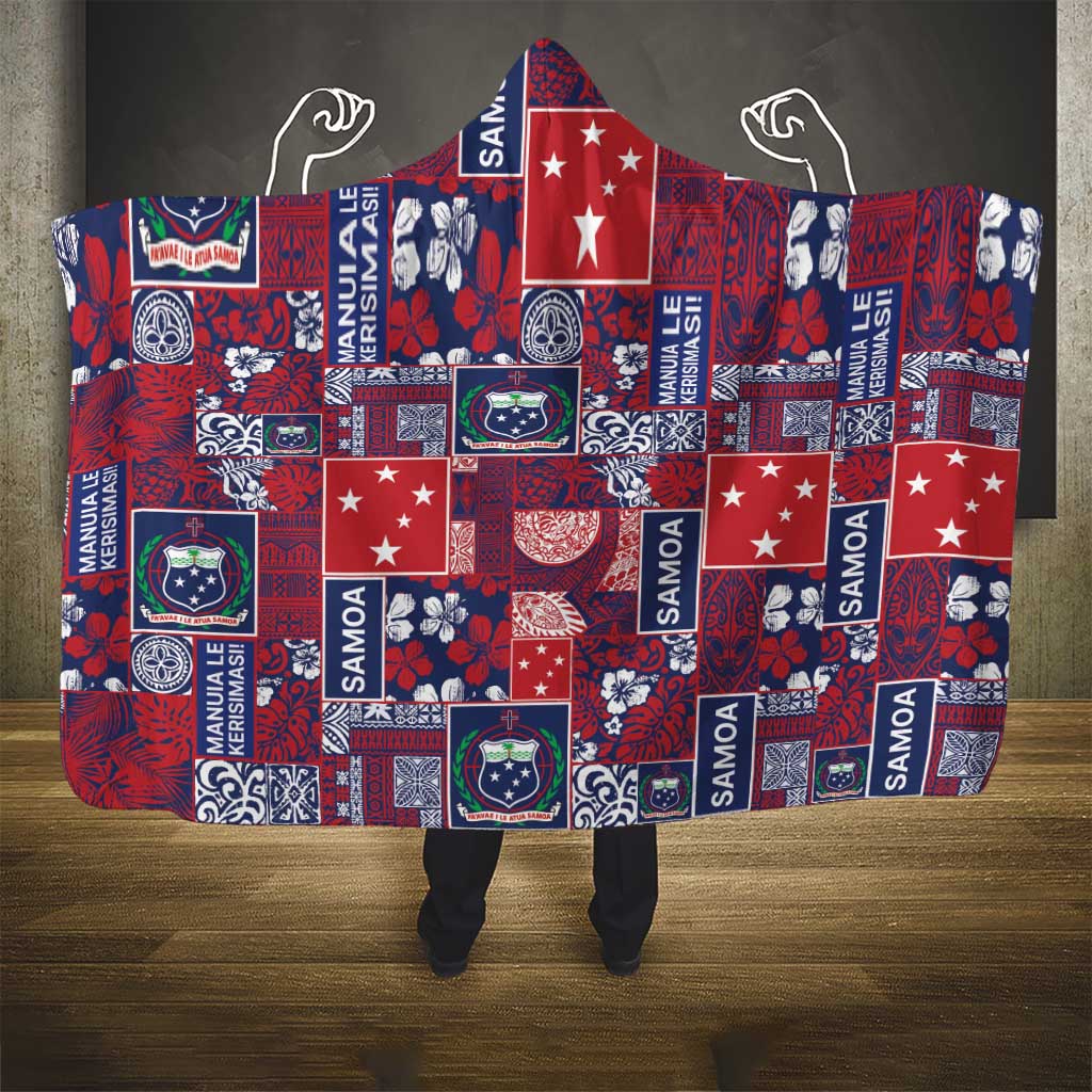 Red Samoa Manuia Le Kerisimasi Hooded Blanket Pacific Patchwork Xmas Vibes - Polynesian Pride
