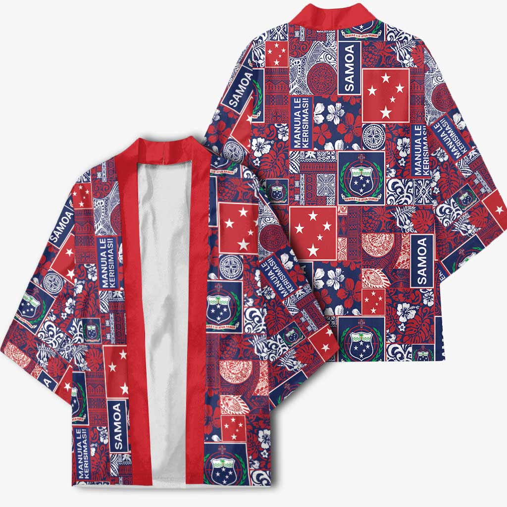 Red Samoa Manuia Le Kerisimasi Kimono Pacific Patchwork Xmas Vibes - Polynesian Pride