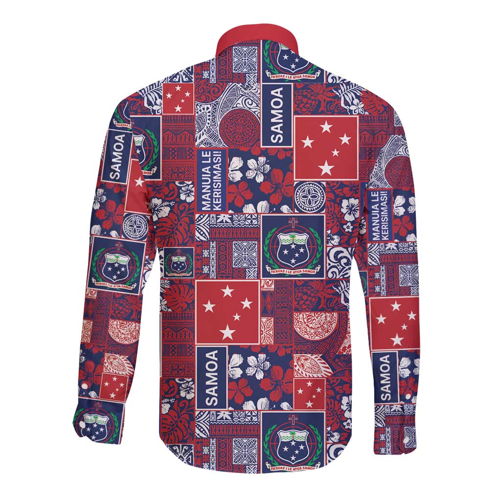 Red Samoa Manuia Le Kerisimasi Long Sleeve Button Shirt Pacific Patchwork Xmas Vibes - Polynesian Pride