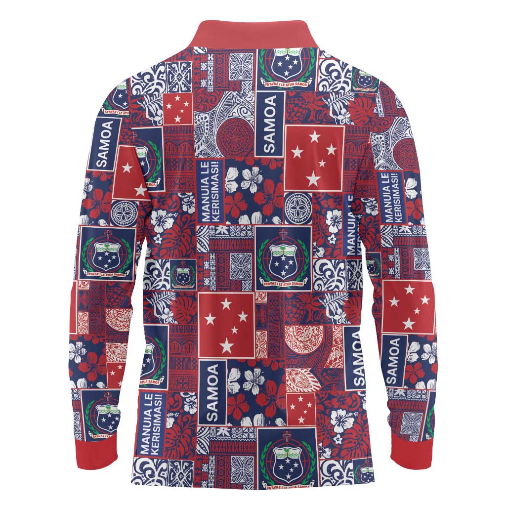 Red Samoa Manuia Le Kerisimasi Long Sleeve Polo Shirt Pacific Patchwork Xmas Vibes - Polynesian Pride