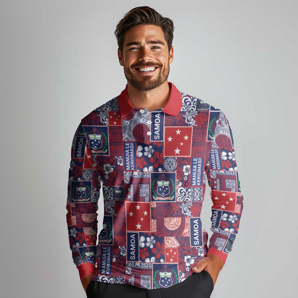 Red Samoa Manuia Le Kerisimasi Long Sleeve Polo Shirt Pacific Patchwork Xmas Vibes - Polynesian Pride