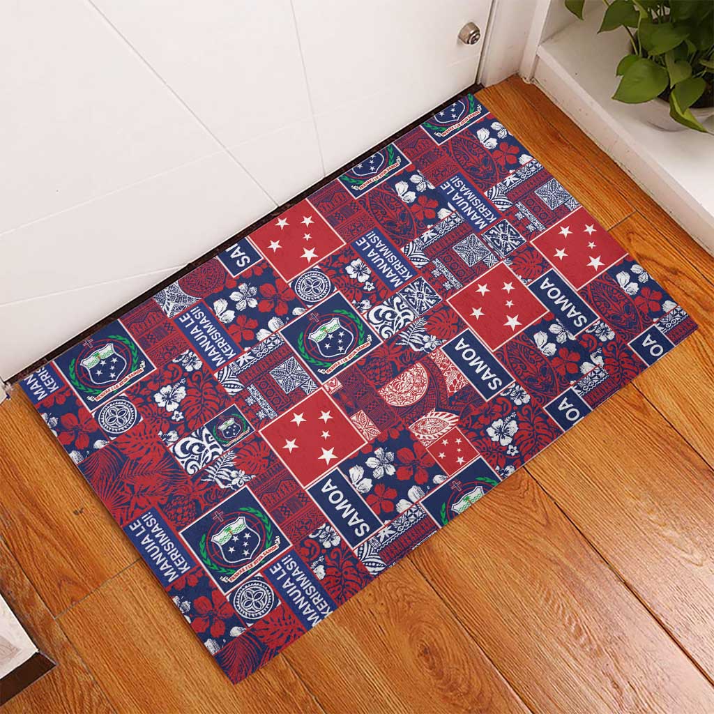Red Samoa Manuia Le Kerisimasi Rubber Doormat Pacific Patchwork Xmas Vibes - Polynesian Pride