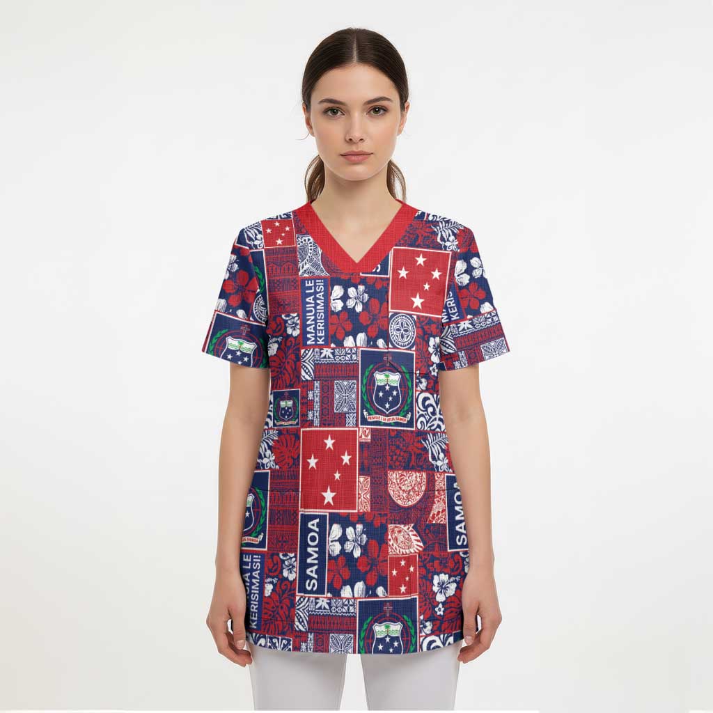Red Samoa Manuia Le Kerisimasi Scrub Top Pacific Patchwork Xmas Vibes - Polynesian Pride