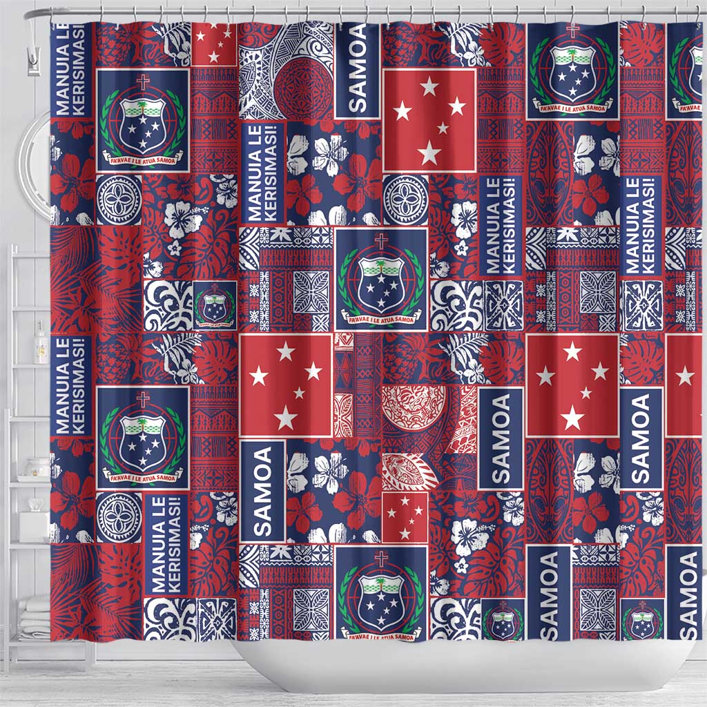 Red Samoa Manuia Le Kerisimasi Shower Curtain Pacific Patchwork Xmas Vibes - Polynesian Pride