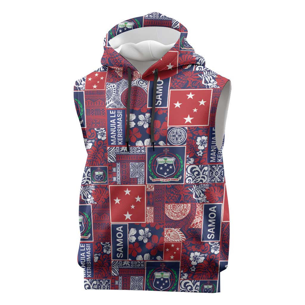Red Samoa Manuia Le Kerisimasi Sleeveless Hoodie Pacific Patchwork Xmas Vibes - Polynesian Pride