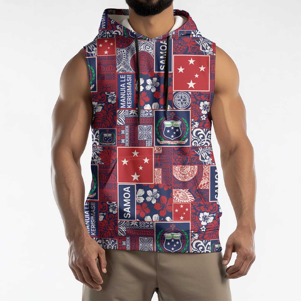 Red Samoa Manuia Le Kerisimasi Sleeveless Hoodie Pacific Patchwork Xmas Vibes - Polynesian Pride