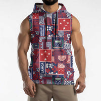 Red Samoa Manuia Le Kerisimasi Sleeveless Hoodie Pacific Patchwork Xmas Vibes - Polynesian Pride