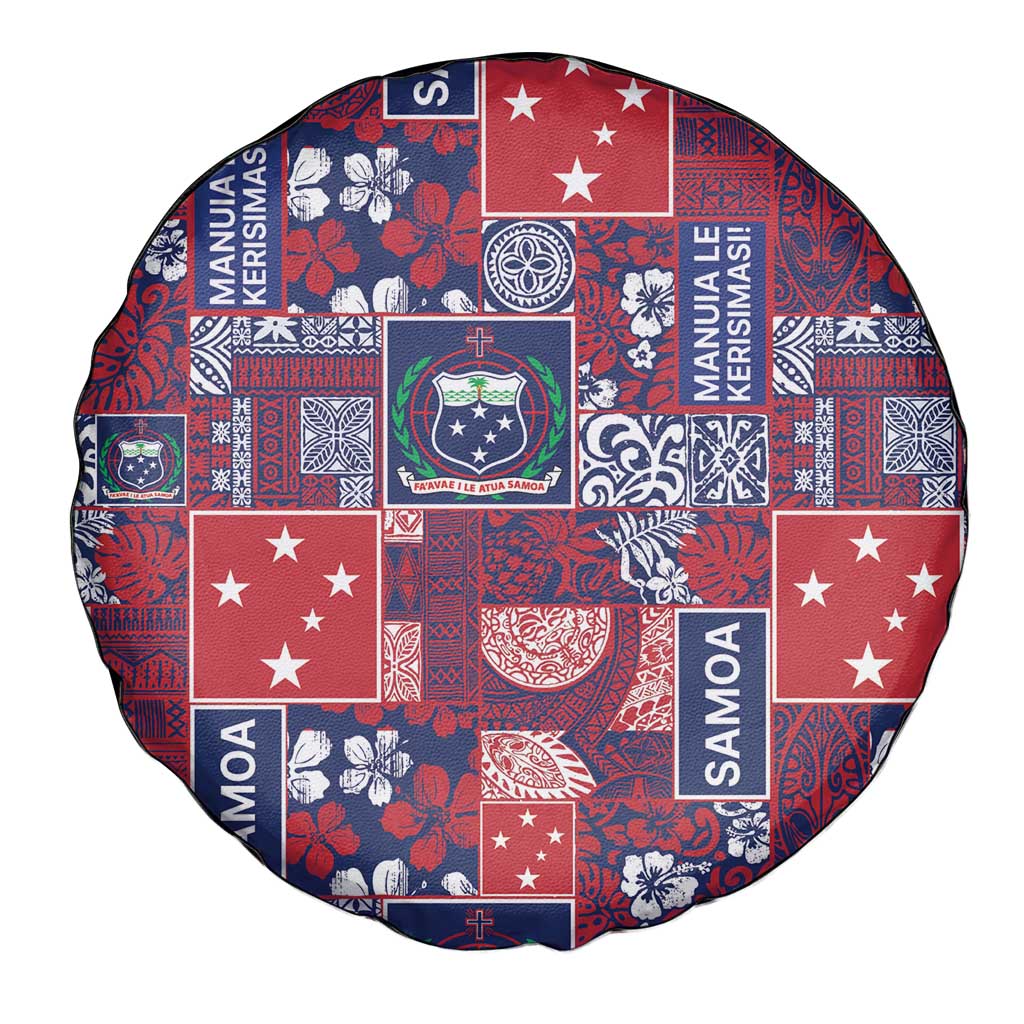 Red Samoa Manuia Le Kerisimasi Spare Tire Cover Pacific Patchwork Xmas Vibes - Polynesian Pride