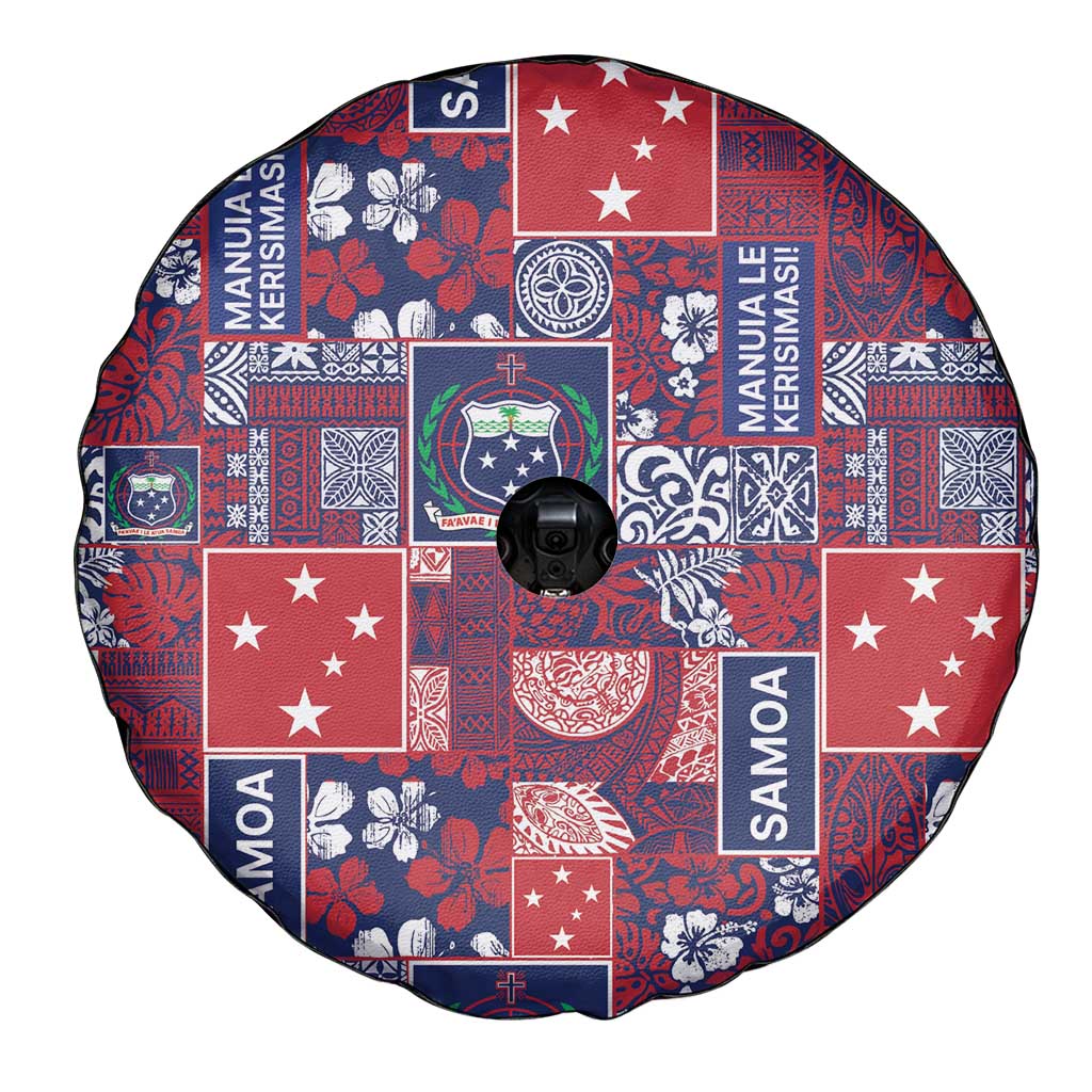 Red Samoa Manuia Le Kerisimasi Spare Tire Cover Pacific Patchwork Xmas Vibes - Polynesian Pride