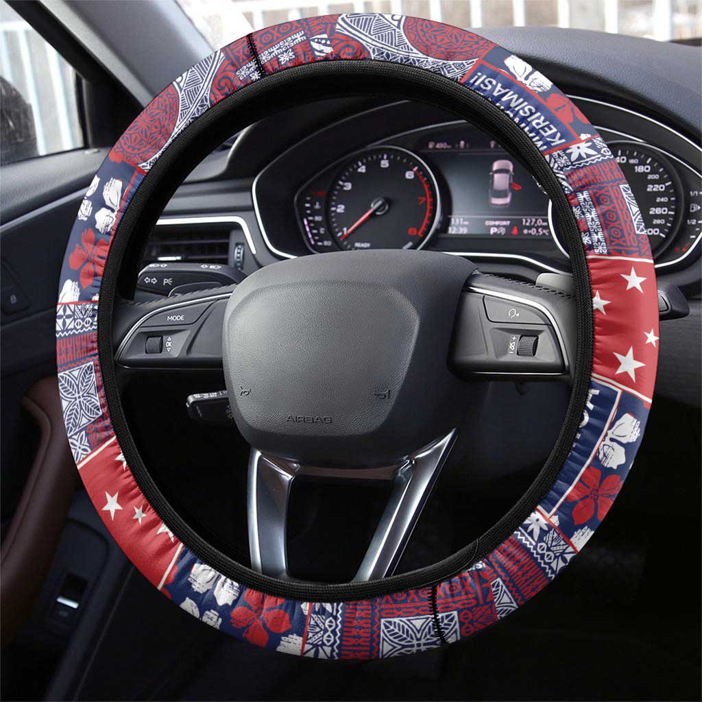 Red Samoa Manuia Le Kerisimasi Steering Wheel Cover Pacific Patchwork Xmas Vibes - Polynesian Pride