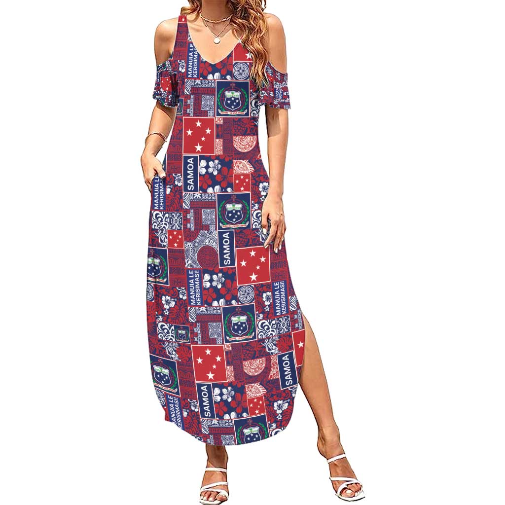 Red Samoa Manuia Le Kerisimasi Summer Maxi Dress Pacific Patchwork Xmas Vibes - Polynesian Pride
