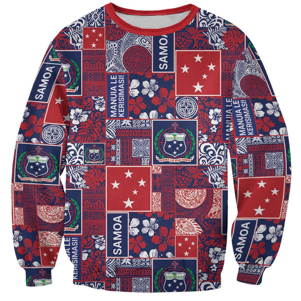 Red Samoa Manuia Le Kerisimasi Sweatshirt Pacific Patchwork Xmas Vibes - Polynesian Pride
