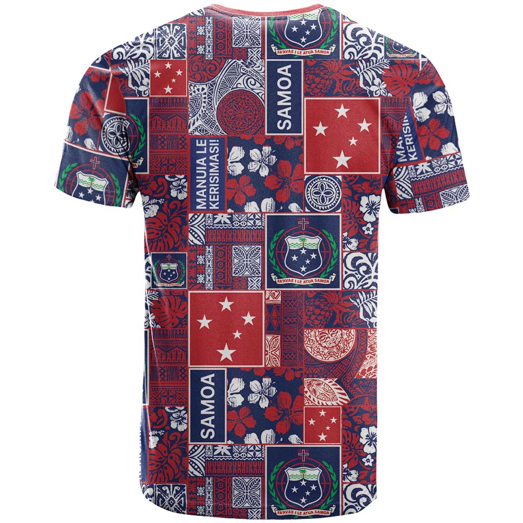 Red Samoa Manuia Le Kerisimasi T Shirt Pacific Patchwork Xmas Vibes - Polynesian Pride