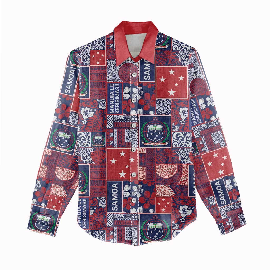 Red Samoa Manuia Le Kerisimasi Women Casual Shirt Pacific Patchwork Xmas Vibes - Polynesian Pride