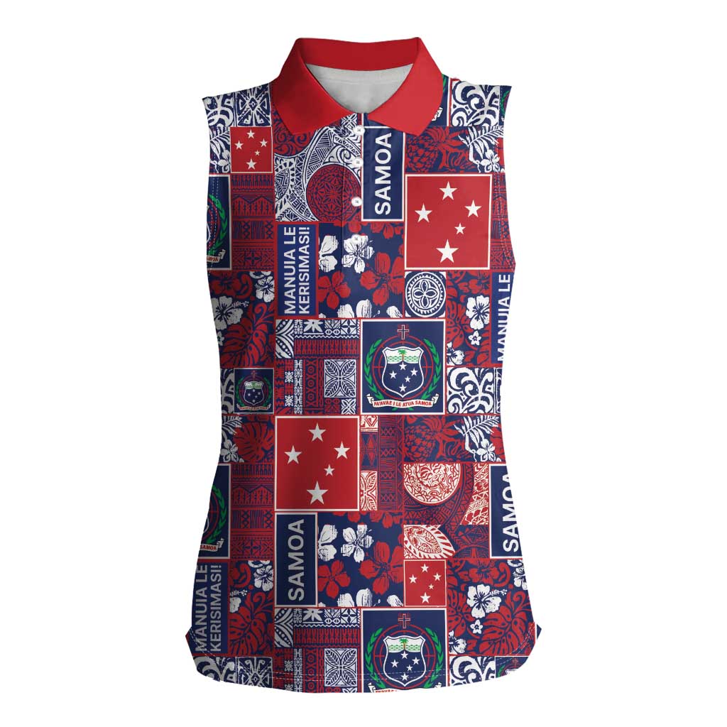 Red Samoa Manuia Le Kerisimasi Women Sleeveless Polo Shirt Pacific Patchwork Xmas Vibes - Polynesian Pride