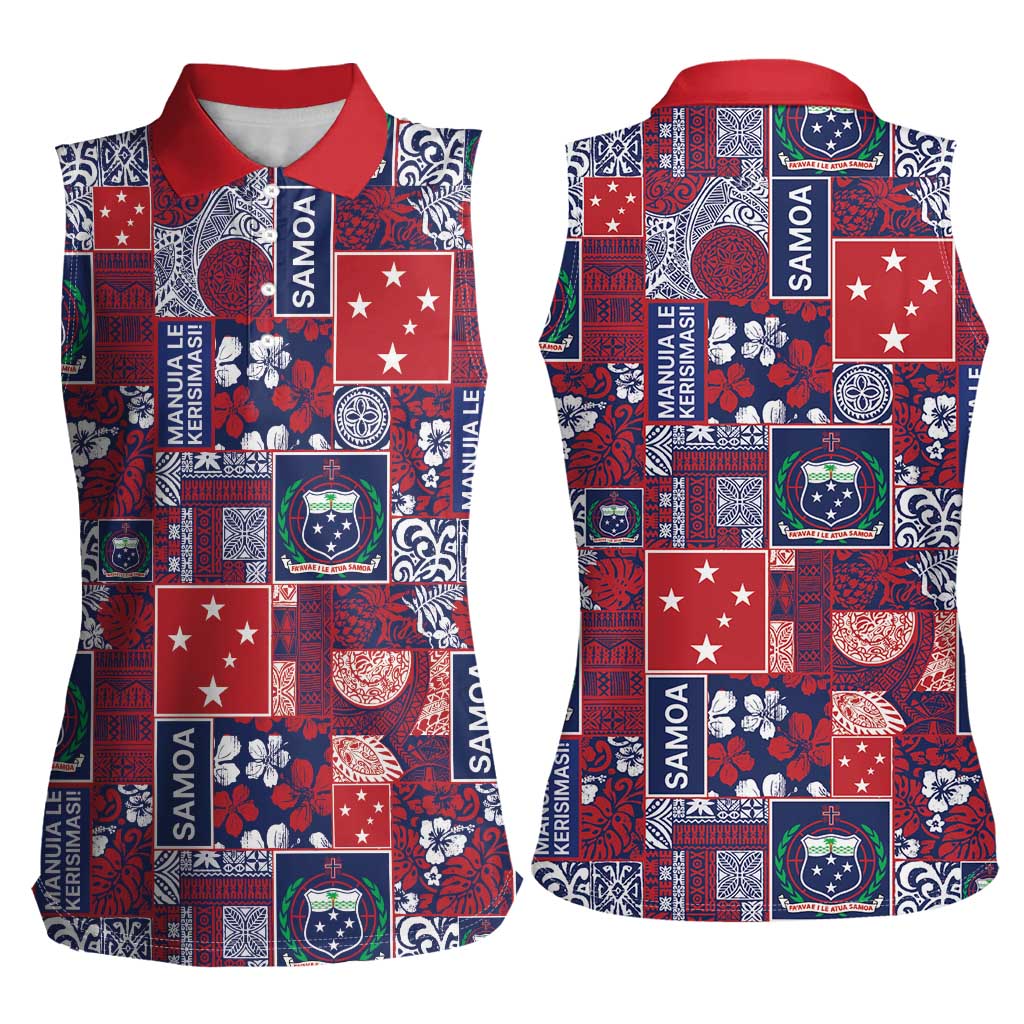 Red Samoa Manuia Le Kerisimasi Women Sleeveless Polo Shirt Pacific Patchwork Xmas Vibes - Polynesian Pride