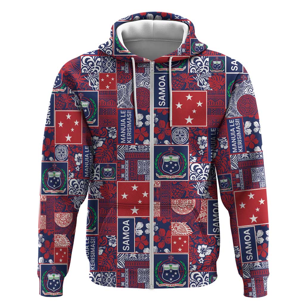 Red Samoa Manuia Le Kerisimasi Zip Hoodie Pacific Patchwork Xmas Vibes - Polynesian Pride