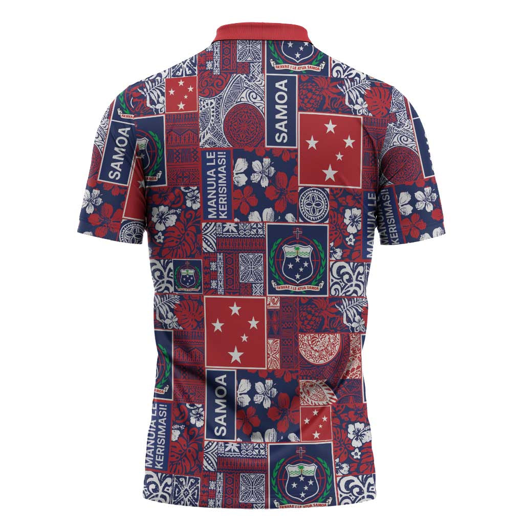 Red Samoa Manuia Le Kerisimasi Zipper Polo Shirt Pacific Patchwork Xmas Vibes - Polynesian Pride