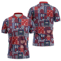 Red Samoa Manuia Le Kerisimasi Zipper Polo Shirt Pacific Patchwork Xmas Vibes - Polynesian Pride