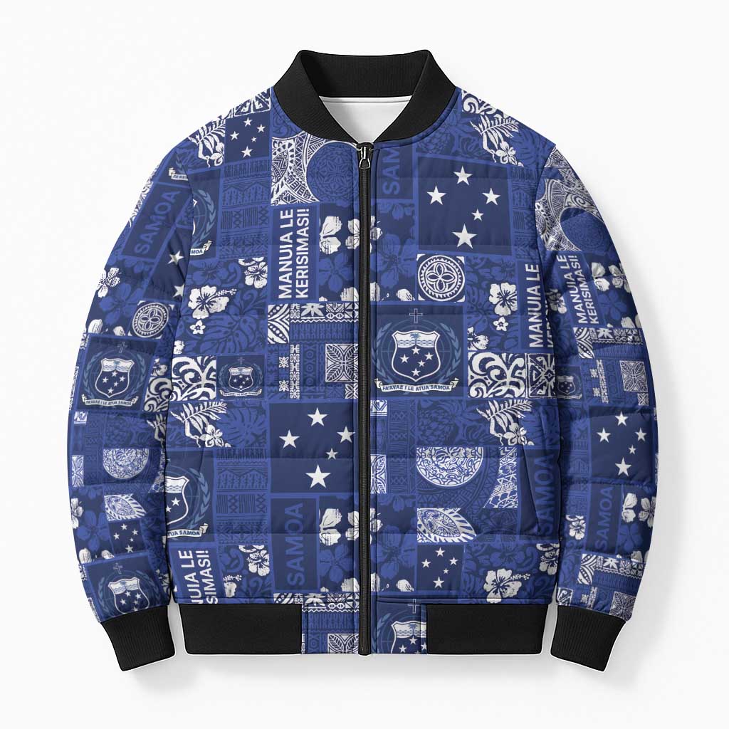 Blue Samoa Manuia Le Kerisimasi Bomber Puffer Jacket Pacific Patchwork Xmas Vibes - Polynesian Pride