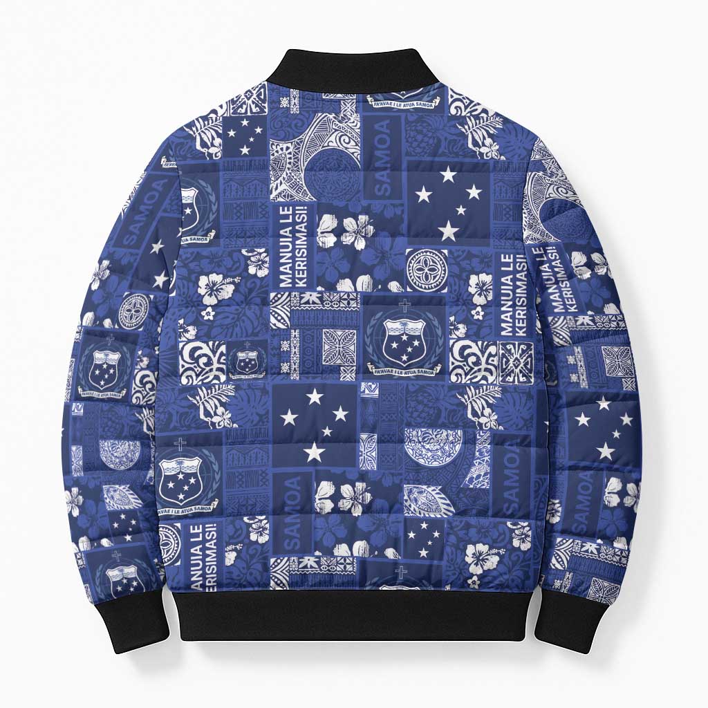 Blue Samoa Manuia Le Kerisimasi Bomber Puffer Jacket Pacific Patchwork Xmas Vibes - Polynesian Pride