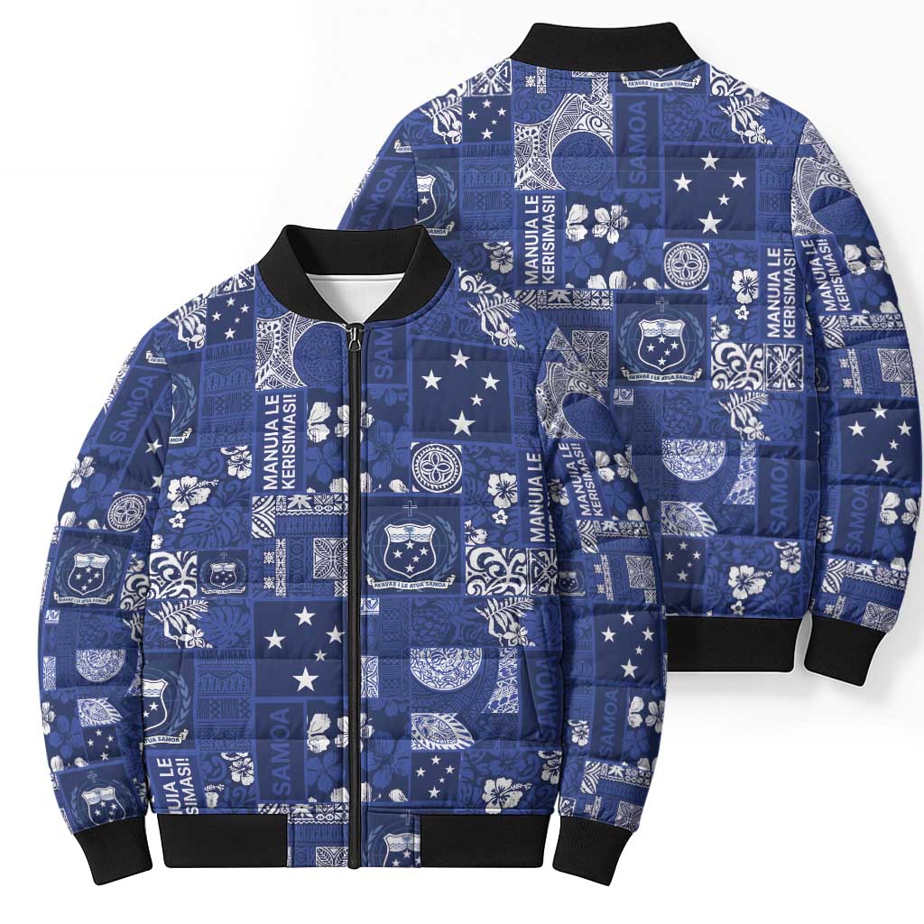 Blue Samoa Manuia Le Kerisimasi Bomber Puffer Jacket Pacific Patchwork Xmas Vibes - Polynesian Pride