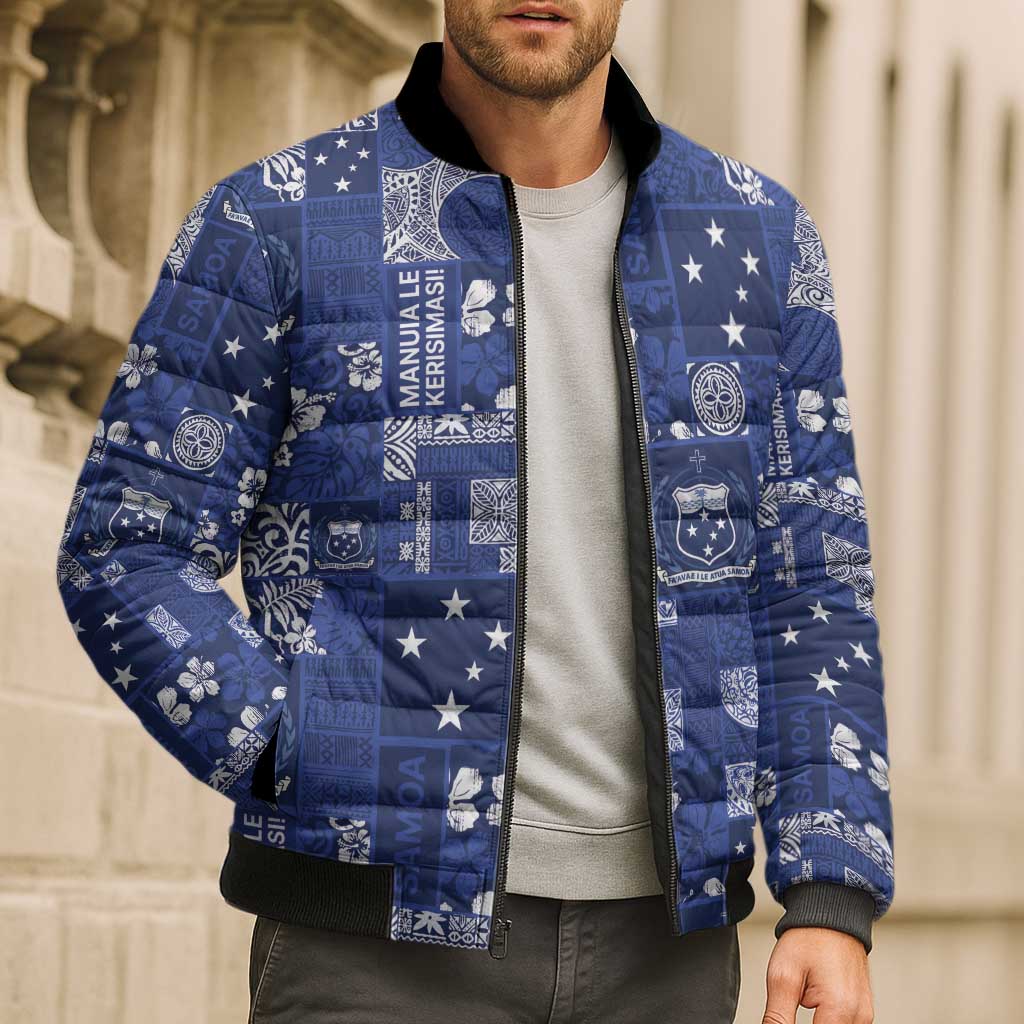 Blue Samoa Manuia Le Kerisimasi Bomber Puffer Jacket Pacific Patchwork Xmas Vibes - Polynesian Pride