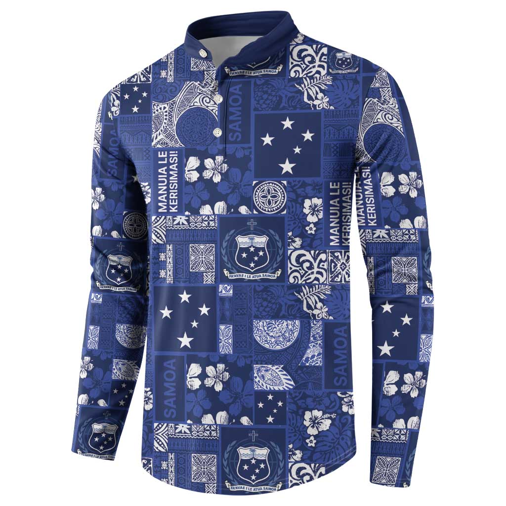 Blue Samoa Manuia Le Kerisimasi Button Sweatshirt Pacific Patchwork Xmas Vibes - Polynesian Pride