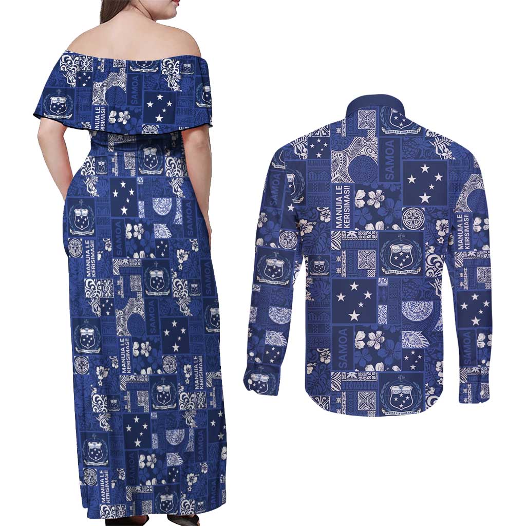 Blue Samoa Manuia Le Kerisimasi Couples Matching Off Shoulder Maxi Dress and Long Sleeve Button Shirt Pacific Patchwork Xmas Vibes - Polynesian Pride