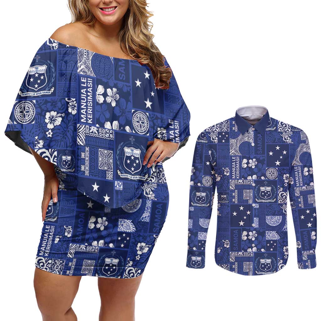 Blue Samoa Manuia Le Kerisimasi Couples Matching Off Shoulder Short Dress and Long Sleeve Button Shirt Pacific Patchwork Xmas Vibes - Polynesian Pride