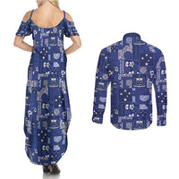 Blue Samoa Manuia Le Kerisimasi Couples Matching Summer Maxi Dress and Long Sleeve Button Shirt Pacific Patchwork Xmas Vibes - Polynesian Pride