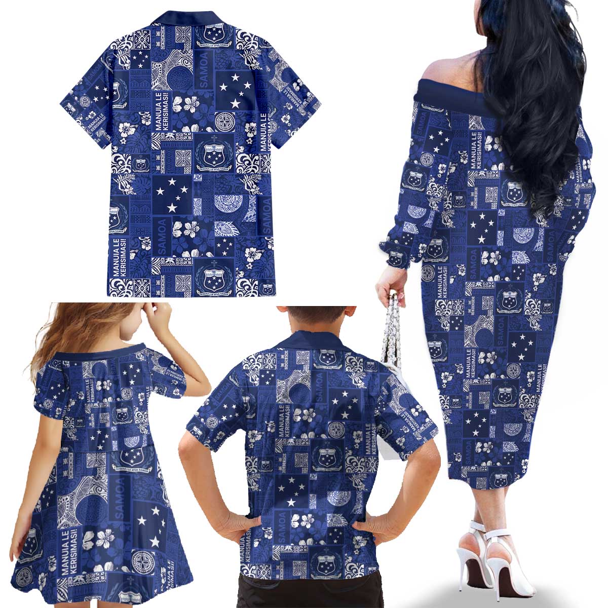 Blue Samoa Manuia Le Kerisimasi Family Matching Off The Shoulder Long Sleeve Dress and Hawaiian Shirt Pacific Patchwork Xmas Vibes - Polynesian Pride