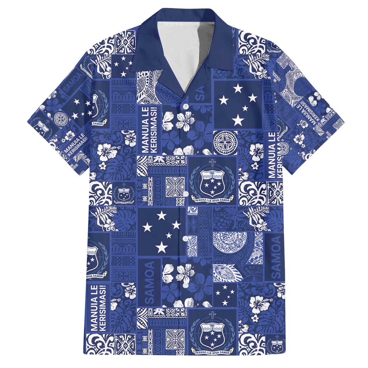 Blue Samoa Manuia Le Kerisimasi Family Matching Off The Shoulder Long Sleeve Dress and Hawaiian Shirt Pacific Patchwork Xmas Vibes - Polynesian Pride