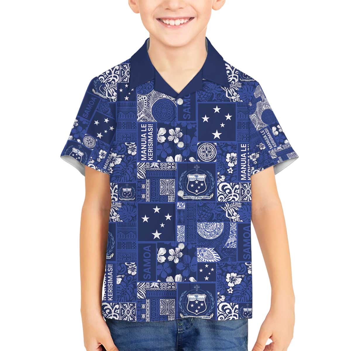 Blue Samoa Manuia Le Kerisimasi Family Matching Off The Shoulder Long Sleeve Dress and Hawaiian Shirt Pacific Patchwork Xmas Vibes - Polynesian Pride