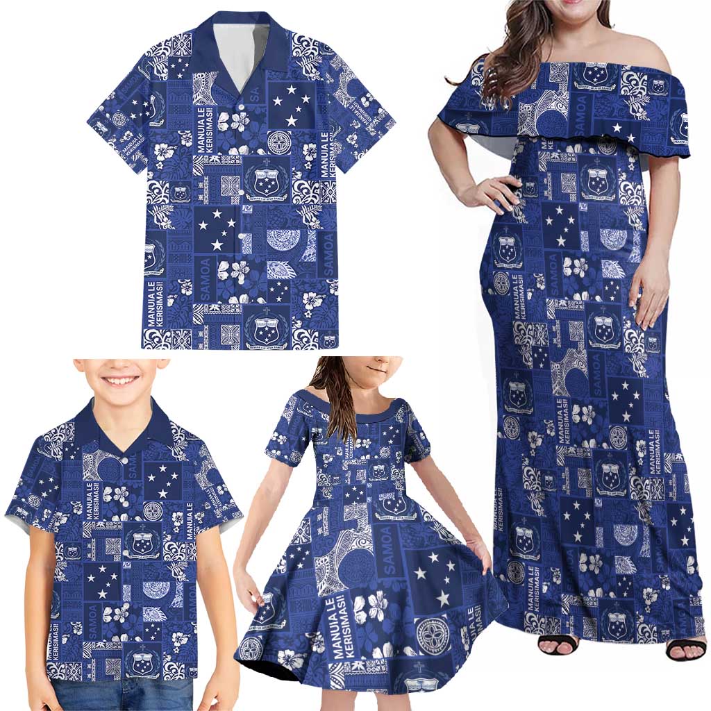 Blue Samoa Manuia Le Kerisimasi Family Matching Off Shoulder Maxi Dress and Hawaiian Shirt Pacific Patchwork Xmas Vibes - Polynesian Pride