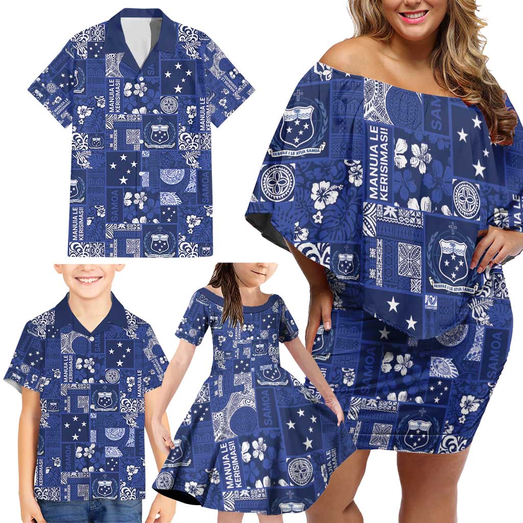 Blue Samoa Manuia Le Kerisimasi Family Matching Off Shoulder Short Dress and Hawaiian Shirt Pacific Patchwork Xmas Vibes - Polynesian Pride