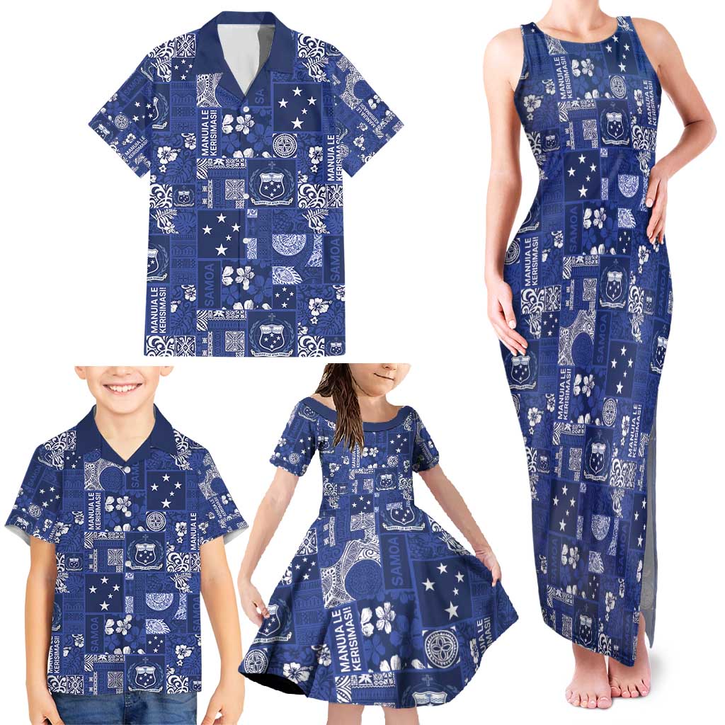 Blue Samoa Manuia Le Kerisimasi Family Matching Tank Maxi Dress and Hawaiian Shirt Pacific Patchwork Xmas Vibes - Polynesian Pride