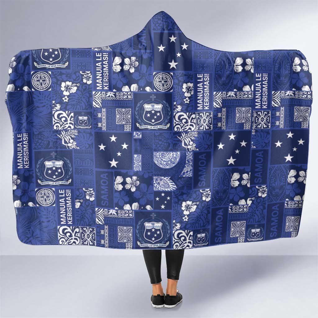 Blue Samoa Manuia Le Kerisimasi Hooded Blanket Pacific Patchwork Xmas Vibes - Polynesian Pride