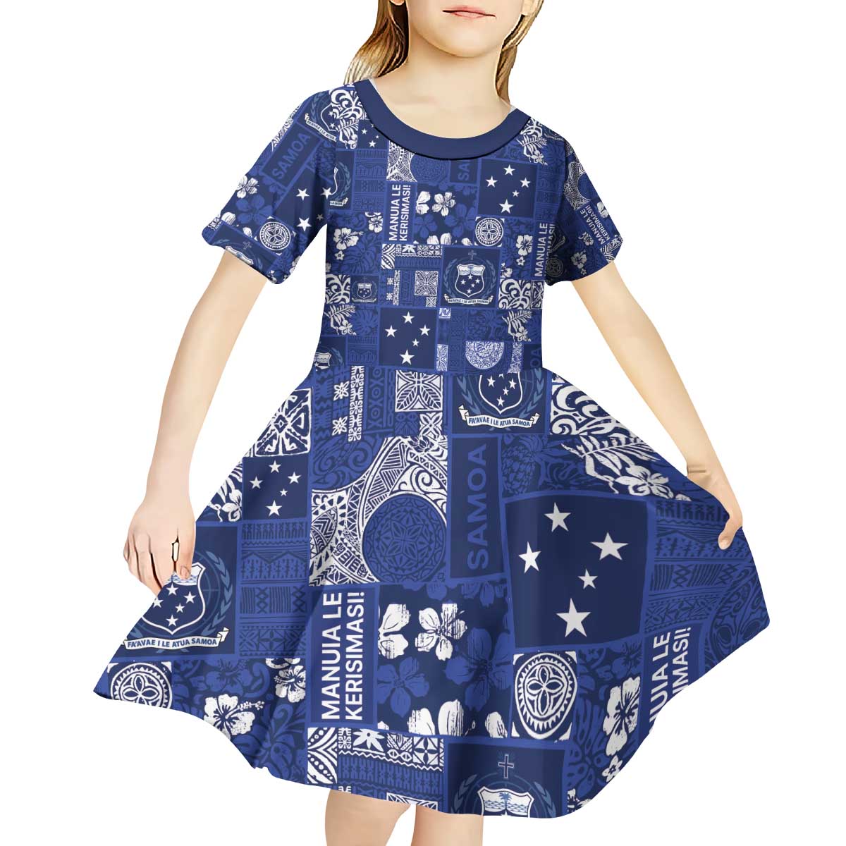 Blue Samoa Manuia Le Kerisimasi Kid Short Sleeve Dress Pacific Patchwork Xmas Vibes - Polynesian Pride