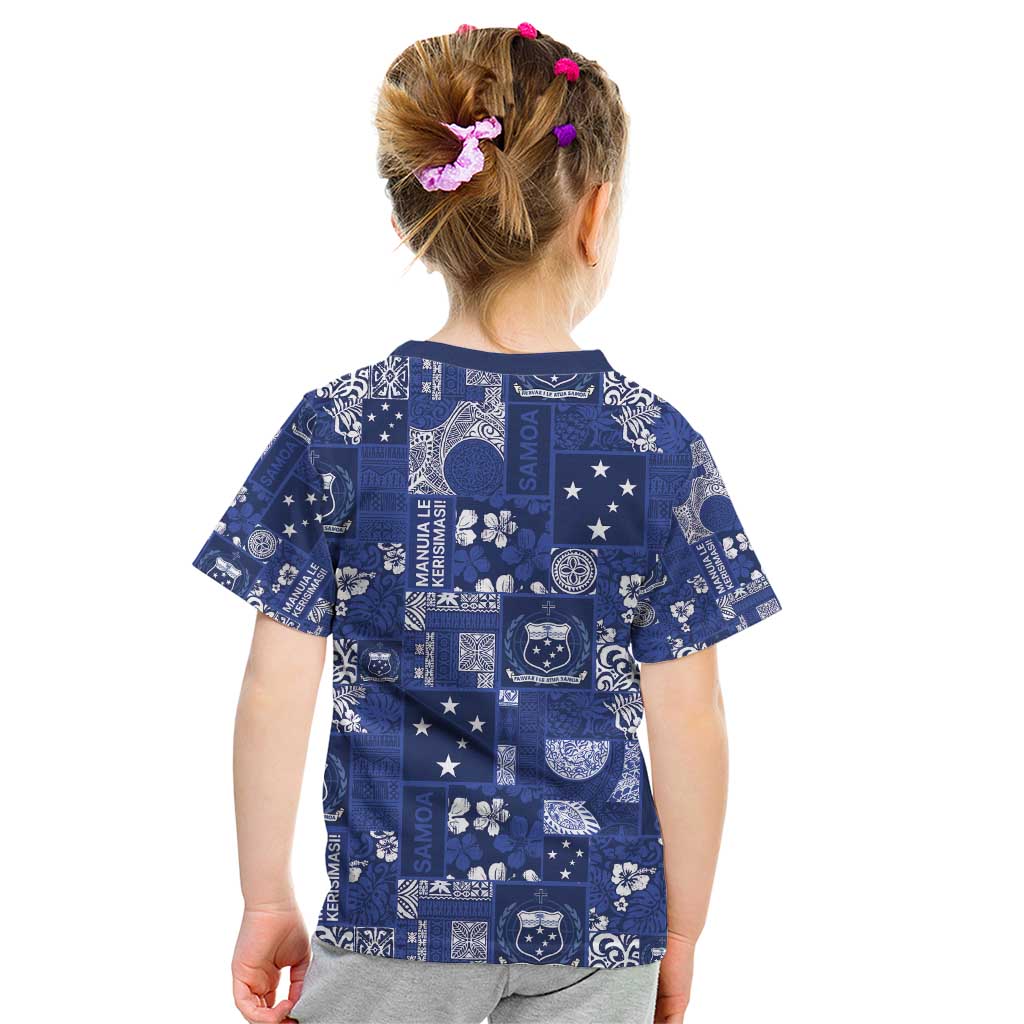Blue Samoa Manuia Le Kerisimasi Kid T Shirt Pacific Patchwork Xmas Vibes - Polynesian Pride