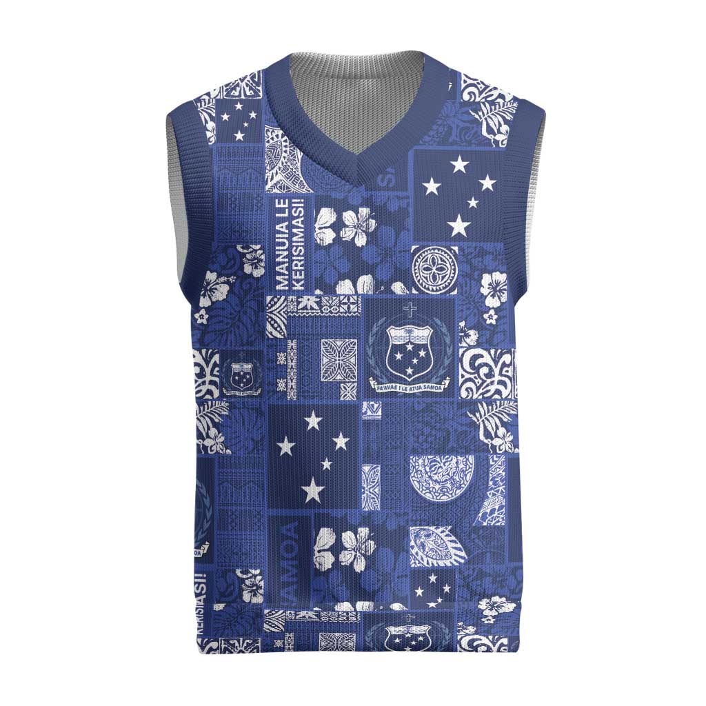 Blue Samoa Manuia Le Kerisimasi Christmas Knitted V-Neck Vest Pacific Patchwork Xmas Vibes - Polynesian Pride