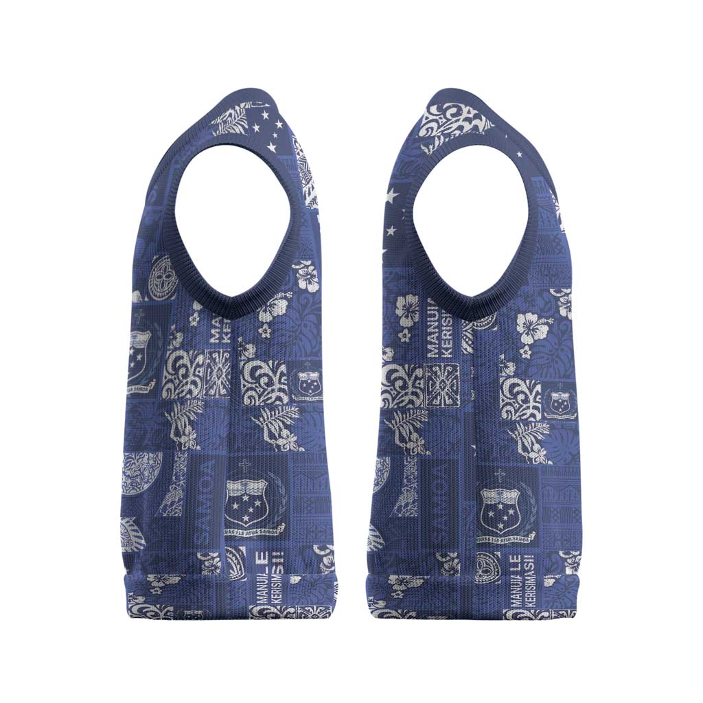 Blue Samoa Manuia Le Kerisimasi Christmas Knitted V-Neck Vest Pacific Patchwork Xmas Vibes - Polynesian Pride
