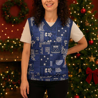 Blue Samoa Manuia Le Kerisimasi Christmas Knitted V-Neck Vest Pacific Patchwork Xmas Vibes - Polynesian Pride