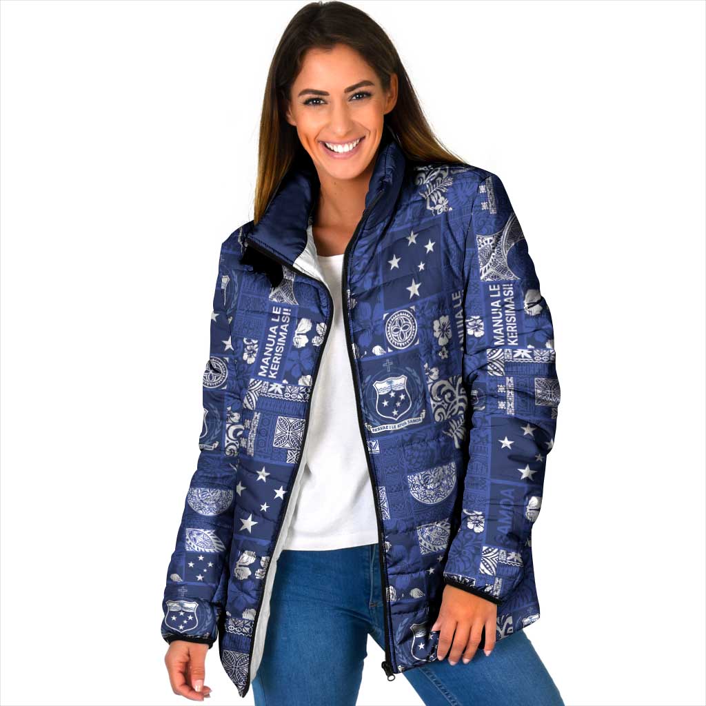 Blue Samoa Manuia Le Kerisimasi Padded Jacket Pacific Patchwork Xmas Vibes - Polynesian Pride
