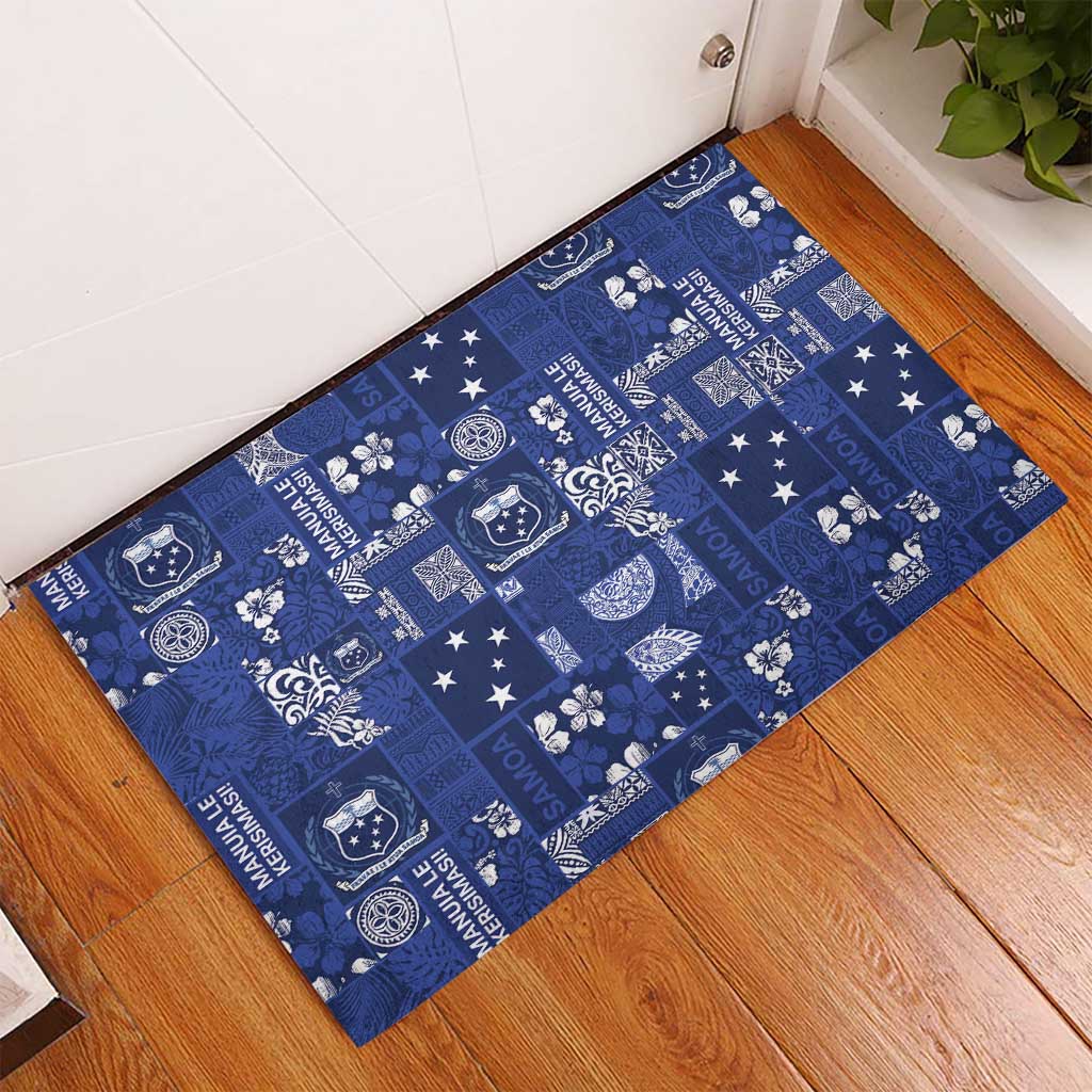 Blue Samoa Manuia Le Kerisimasi Rubber Doormat Pacific Patchwork Xmas Vibes - Polynesian Pride