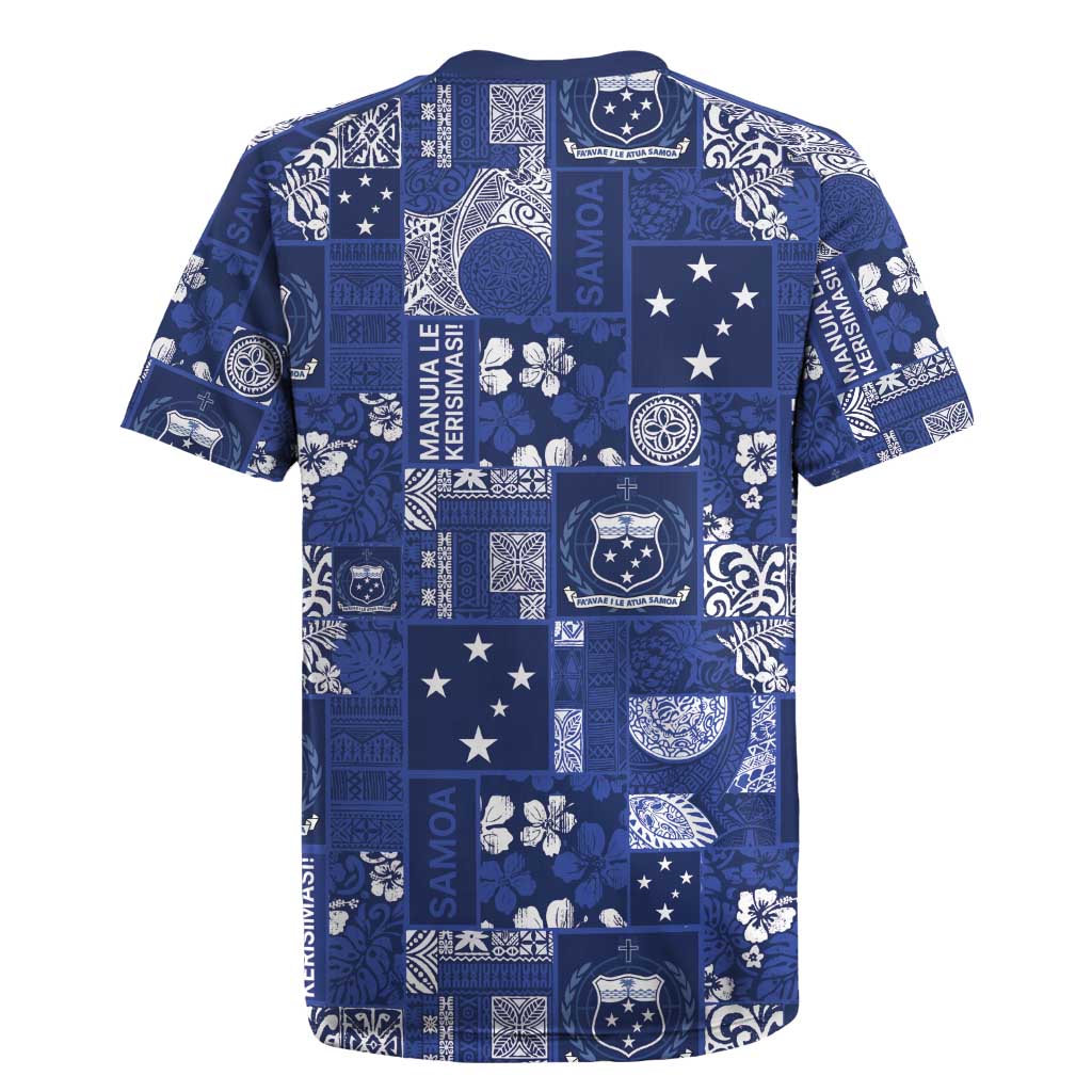 Blue Samoa Manuia Le Kerisimasi Rugby Jersey Pacific Patchwork Xmas Vibes - Polynesian Pride