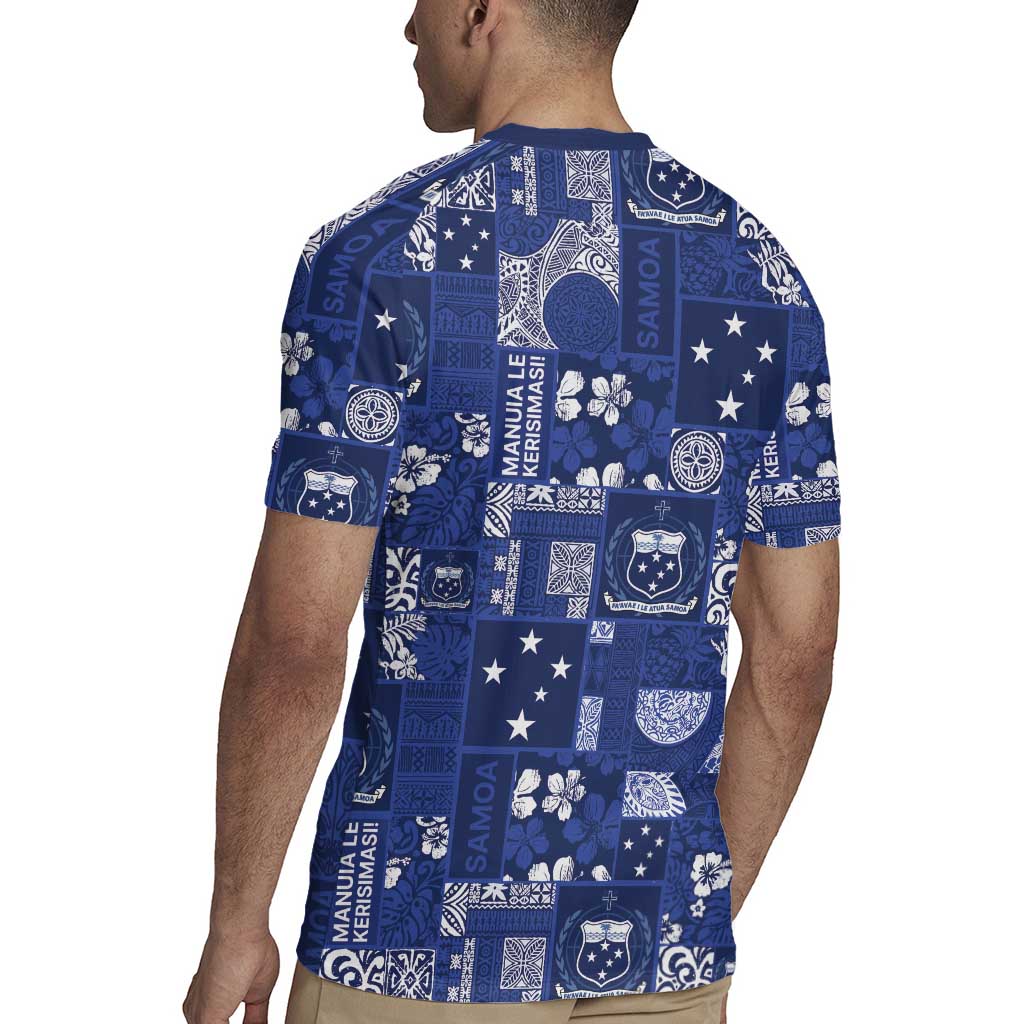 Blue Samoa Manuia Le Kerisimasi Rugby Jersey Pacific Patchwork Xmas Vibes - Polynesian Pride